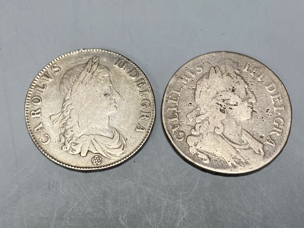 Charles II Crown 1662, first draped bust with rose below, edge undated, F/GF and a William III silver crown 1696, G with haymarking